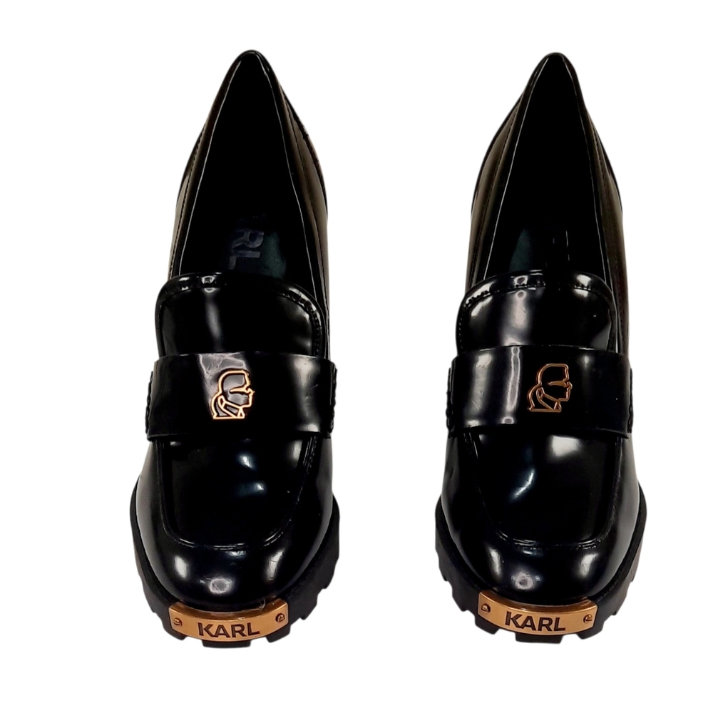 Karl Lagerfeld Black Patent Leather Platform Loafers with Rose Gold Accents